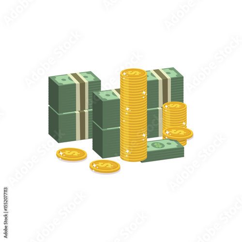 Stacks of Cash and Gold Coins:  Wealth, Prosperity, and Financial Success Concept Illustration.