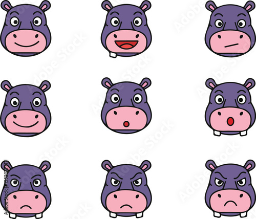 Nine Hippo Expressions: Pixel Art Emoticons