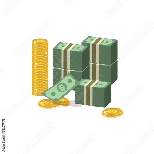 Stacks of Cash and Gold Coins:  Isometric Illustration of Wealth and Prosperity.
