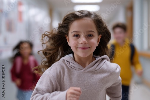 A girl with long hair is running in a hallway with other kids. She is smiling and she is happy