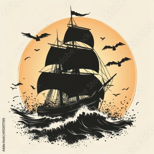 Sailing ship navigating turbulent waters with seagulls under a large orange sun at dusk