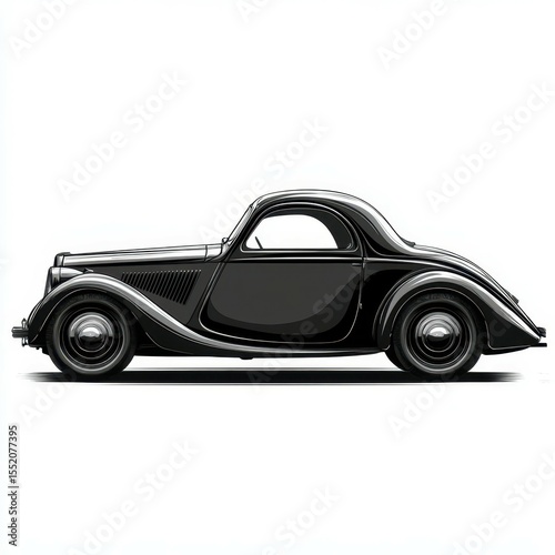 Classic 1930s coupe parked on a city street with a modern urban backdrop in the afternoon light