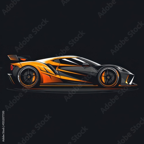 Stylish black and orange sports car with sleek design parked against a dark background during an event