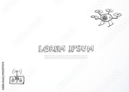 Minimalist vector layout featuring a hand-drawn drone and remote control with central space for custom text or design elements on white background