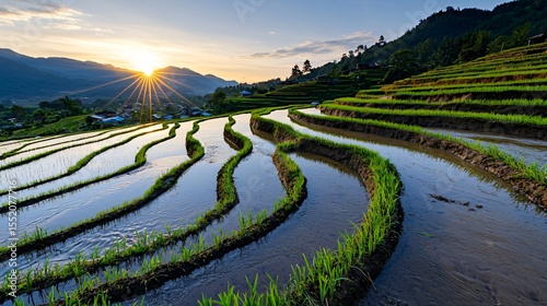 a traditional furrow irrigation setup in a terraced hillside, water flowing gently through carved soil channels, natural gradients visible, landscape lit by warm morning sun