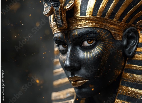 Portrait of a woman with elaborate gold and black Egyptian-inspired body art and headpiece