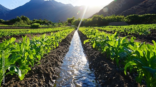 a traditional furrow irrigation setup in a terraced hillside, water flowing gently through carved soil channels, natural gradients visible, landscape lit by warm morning sun