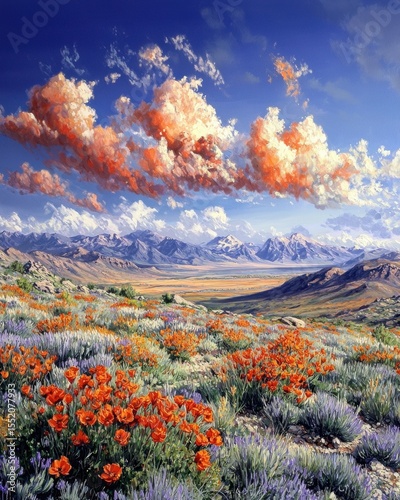 Vibrant wildflowers blooming in a scenic mountain landscape with colorful clouds and distant snow-capped peaks