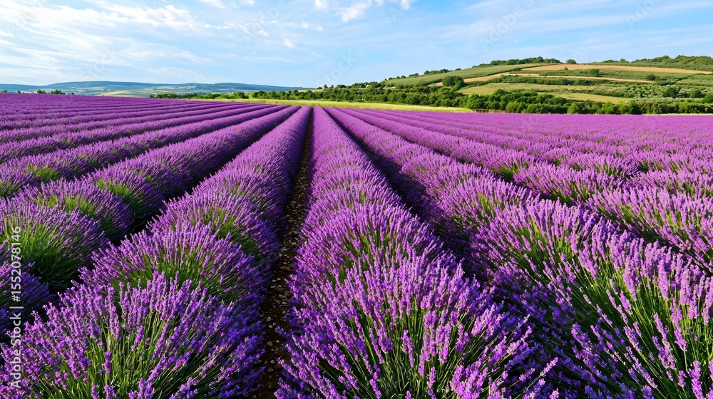 Obraz premium a picturesque lavender field viewed at golden hour, warm light enhancing the purple hue of flowers, strong row repetition leading toward hilly horizon, contrast with green stems, no people or