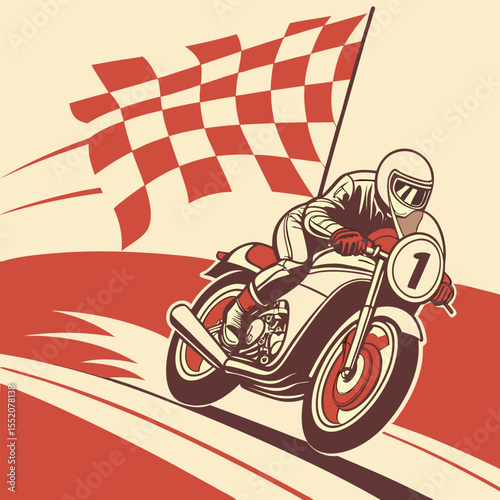 Vintage Motorcycle Race Speed, Rider, and Checkered Flag
