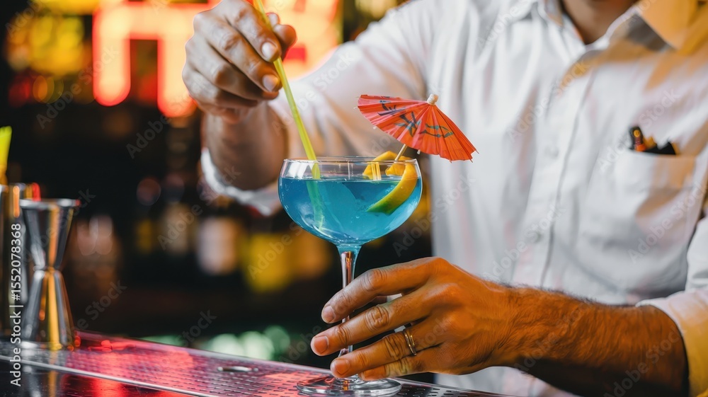Obraz premium Bartender stirs vibrant blue cocktail garnished with lemon twist and paper umbrella under bar lights, showcasing mixology and nightlife ambience vibe.