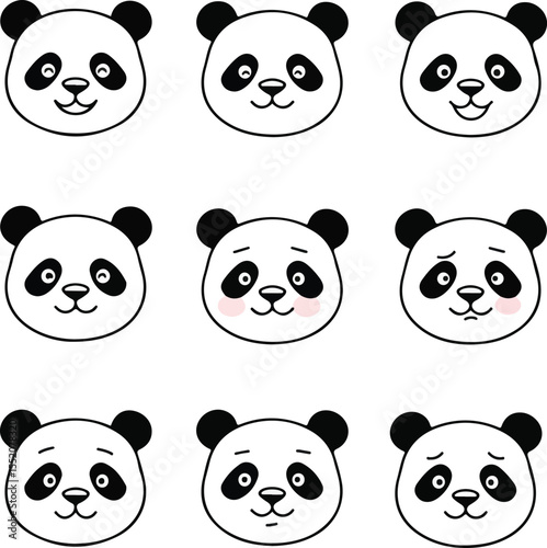 Nine Panda Face Expressions: Cute Cartoon Illustrations for Design Projects