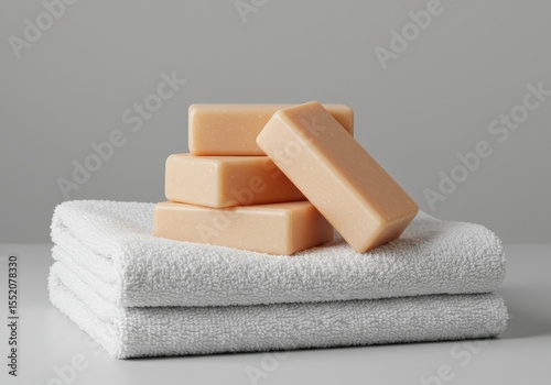 Stacked soap bars on folded white towels arrangement