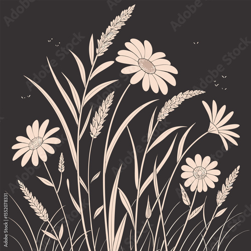 Modern Boho Flower Illustration Wild Daisies and Wheat in a Minimalist Style