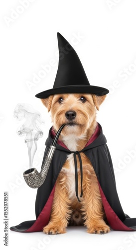 A whimsical wizard dog wearing a starry hat and smoking a pipe, perfect for fantasy, storybook, or magical-themed designs