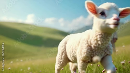 Playful lamb walking in green meadow under clear blue sky  