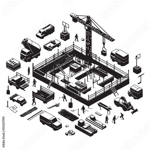 Isometric Construction Site Vector Elements - Building Project & Engineering Tools