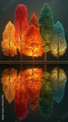Vibrant autumn trees reflecting in calm water create a beautiful natural landscape at dusk