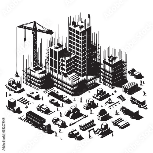 Isometric Construction Site Vector Elements - Building Project & Engineering Tools