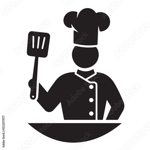 Cartoon vector illustration of a fun chef character with a hat, holding a frying pan and a fork, smiling while cooking food in the kitchen