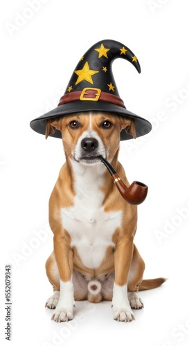 A whimsical wizard dog wearing a starry hat and smoking a pipe, perfect for fantasy, storybook, or magical-themed designs