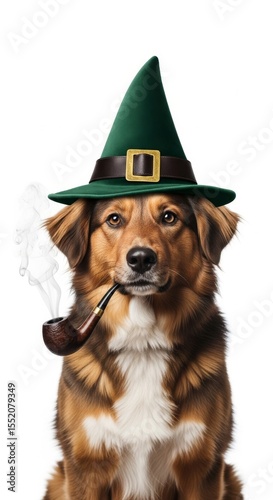 A whimsical wizard dog wearing a starry hat and smoking a pipe, perfect for fantasy, storybook, or magical-themed designs