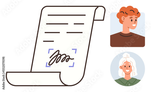 Scrolled document with a bold signature, two user avatars symbolizing teamwork and digital interaction. Ideal for contracts, legal services, remote work, communication, agreements, teamwork, simple