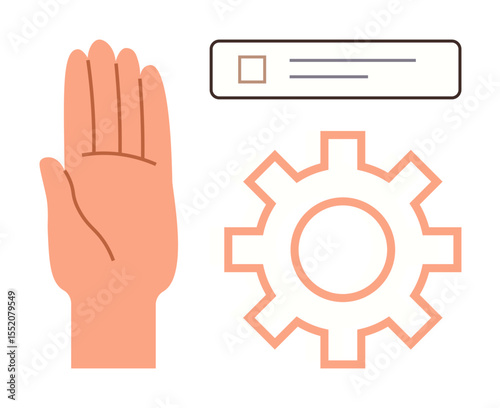 Outstretched hand, settings gear, and checkbox represent control, customization, permission, or preferences. Ideal for settings, interface design, privacy accessibility approval user action