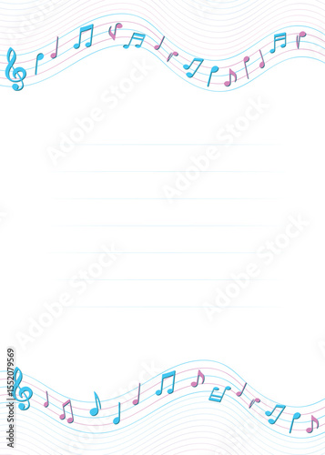 Vertical musical frame. Musical staff border with notes and space for text. Music themed invitations, stationery, kids certificate, karaoke