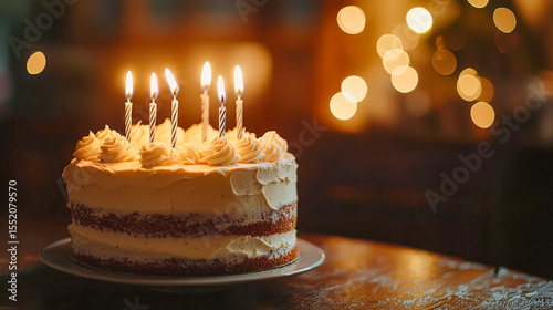 Elegant birthday cake with lit candles and warm bokeh lights in the background