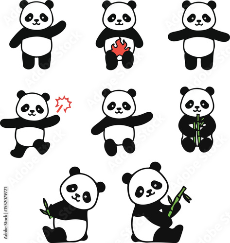 Nine Pixel Art Panda Illustrations: Diverse Poses & Expressions
