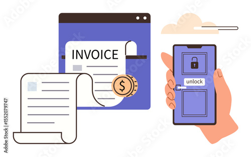 Hand holding smartphone with unlock screen next to digital invoice interface and payment icon. Ideal for finance, technology, business, security, e-commerce, mobile payment, innovation. Simple flat