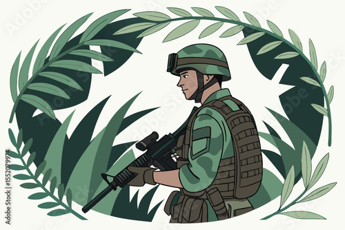 Camouflaged Jungle Sniper Male Soldier in Combat Uniform