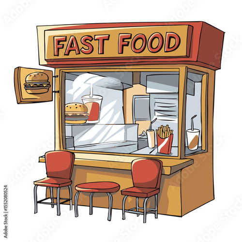 An inviting storefront's window displays a prominent sale sign, an icon of fastfood business on street