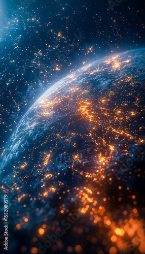 Illuminated view of Earth from space showing city lights and celestial bodies