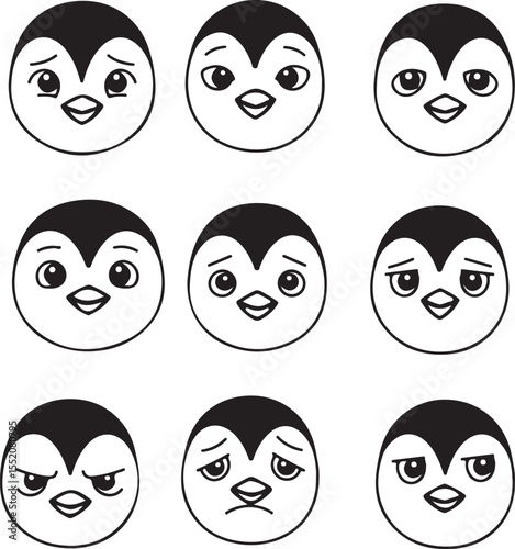 Nine Penguin Emojis: Cute Cartoon Expressions for Design