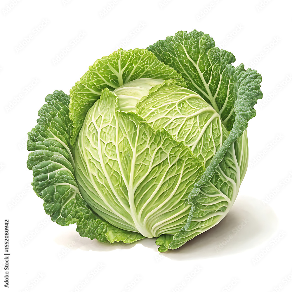 Fototapeta premium A fresh Cabbage is centrally displayed on a pure white background.