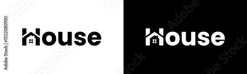 House Logo design. Modern wordmark House with roof logo design. In black and white version vector illustration.