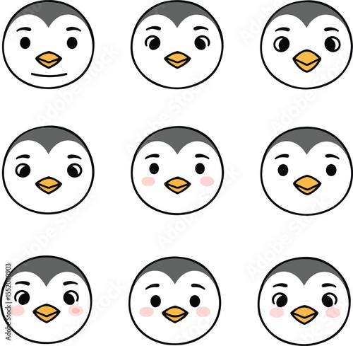 Nine Penguin Emojis: Cute Cartoon Penguin Faces with Various Expressions