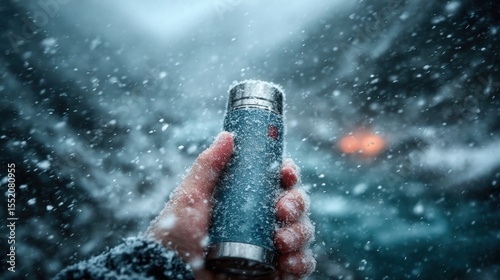 Hand holding insulated thermos bottle in heavy snowfall winter outdoors