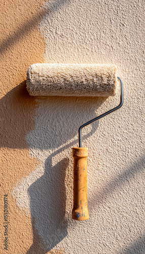 Close-up of a paint roller with beige paint on textured wall surface