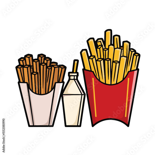 A vibrant vector illustration of classic fast-food french fries in a container with ketchup, perfect for a salty snack or quick meal