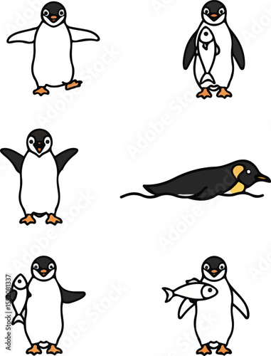 Charming Penguin Illustrations: Six Poses of Antarctic Birds for Design Projects