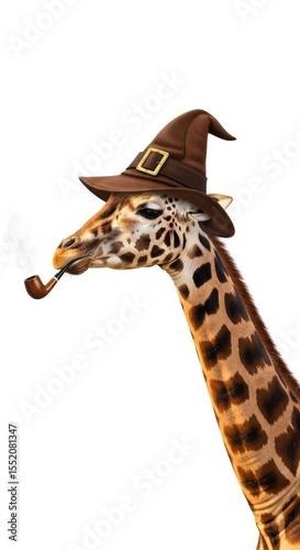 A whimsical wizard giraffe wearing a starry hat and smoking a pipe, perfect for fantasy, storybook, or magical-themed designs