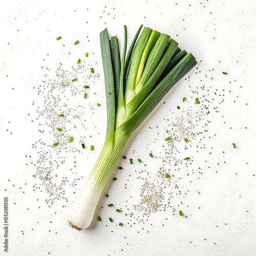 A fresh Leek is centrally displayed on a pure white background.