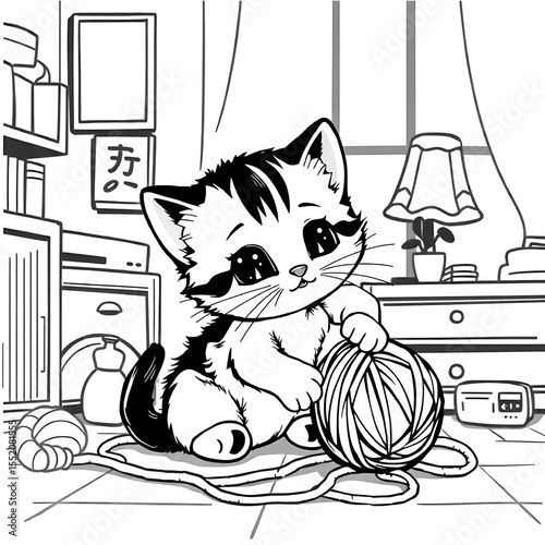 adorable kitten playing with yarn ball in cozy room interior