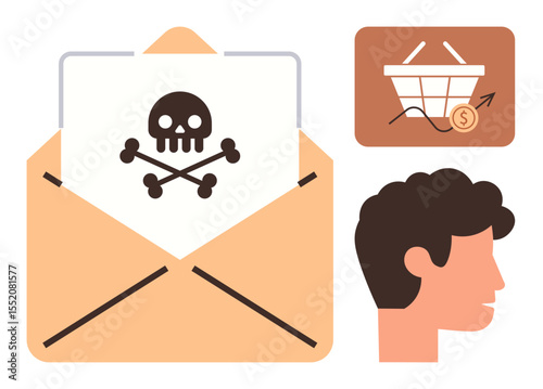 Open envelope with skull, shopping cart with growth arrow, and human profile. Ideal for cybersecurity, phishing awareness, e-commerce fraud, user protection, risk management, digital trust simple
