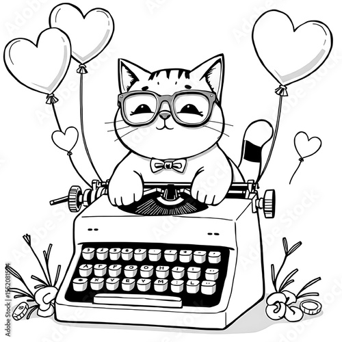 smart cartoon cat typing on vintage typewriter with heart balloons