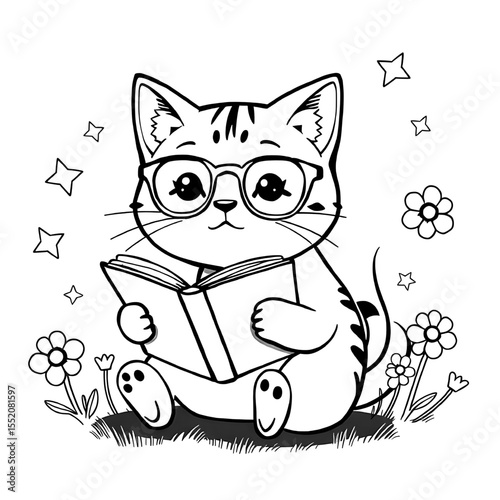 adorable kitten with glasses reading a book in flower garden