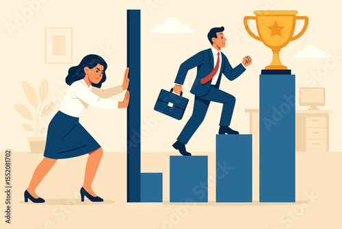 Gender inequality and discrimination in the workplace. Concept of career disparity and sexism. Businesswoman facing obstacle while man climbs career ladder graph to a trophy award.